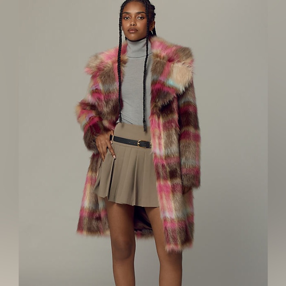 NVLT from Anthropologie Faux Fur Plaid Coat – Multicolor Pastel | Size M - Picture 2 of 7